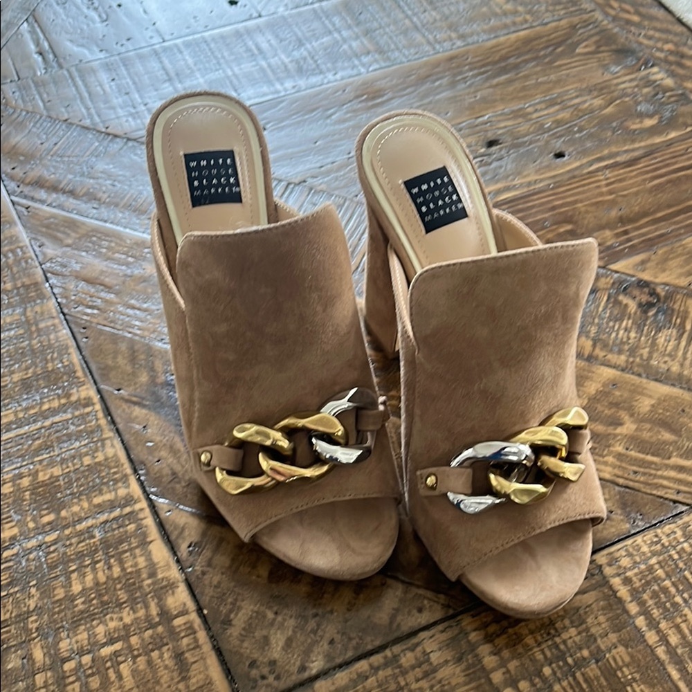 White House Black Market Tan Mules with Gold Chain Accent